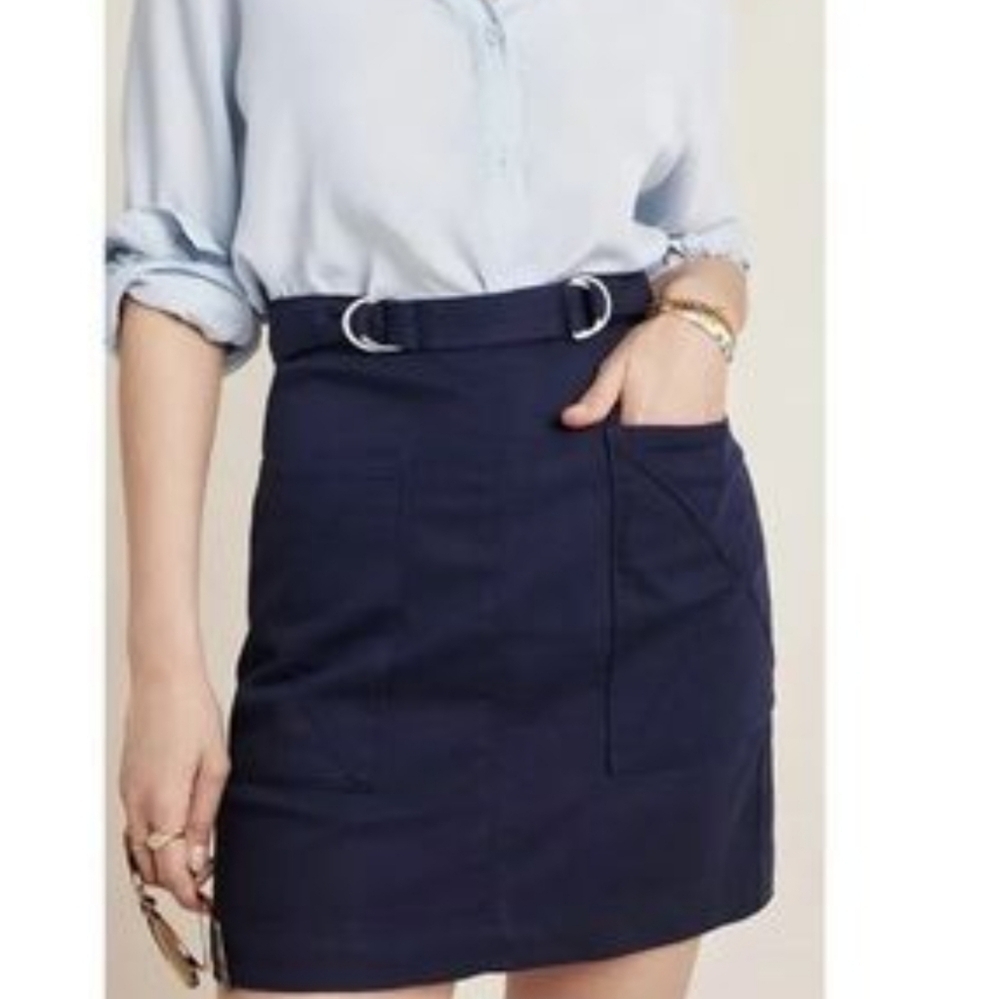 Pilcro Anthropologie Navy Blue‎ Mina A-line Belted Minimalist Mini Skirt Size 6